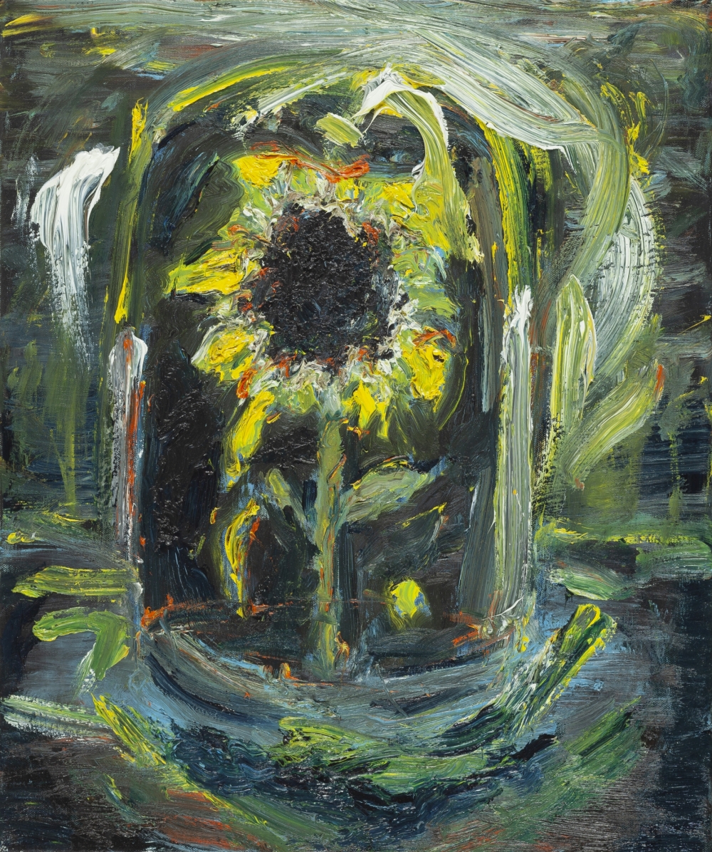 Gemälde von Michael Tauschke Sonnenblume Öl auf Leinwand;Öl auf Leinwand,60 x 50 cm,Sonnenblume, pastos, expressionistisch, Glocke, Glasglocke; 