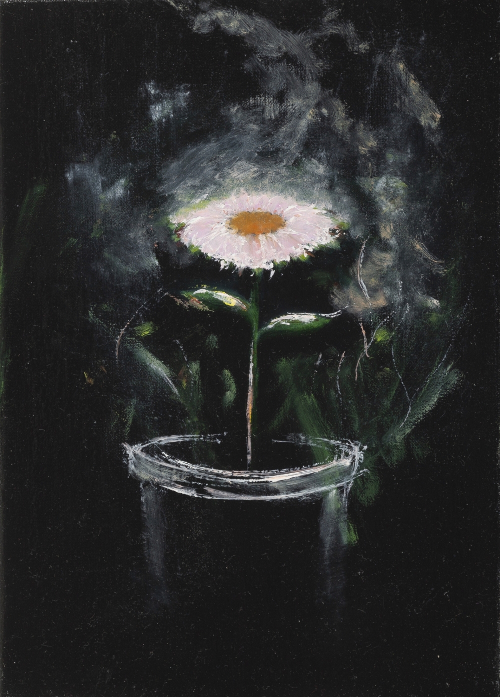 Gemälde von Michael Tauschke Spirituelle Blume Öl auf Leinwand mit Rahmen;Öl auf Leinwand,32 x 23 cm,und Rahmen;Blume, Spirituelle, leuchten, Pflanzen, Schwarz, Rosa, lasur, Schattenfugenrahmen, Rahmen; 